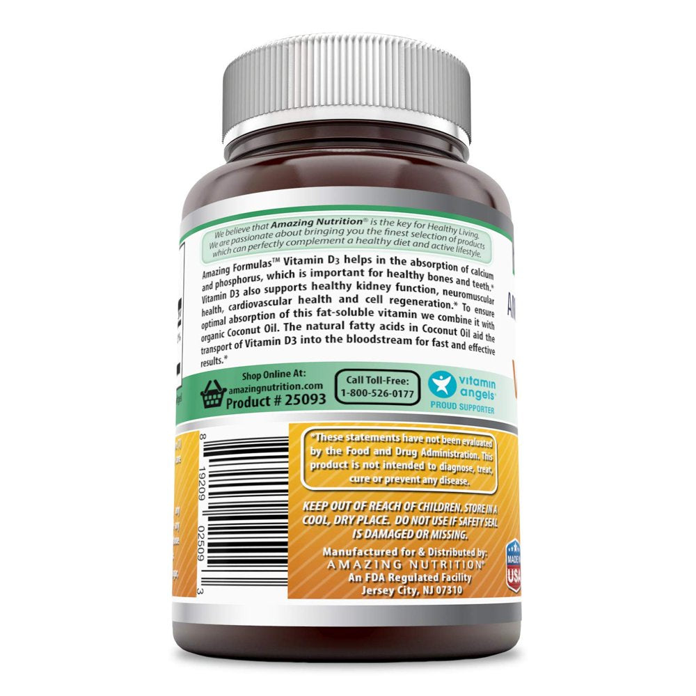 Amazing Formulas Vitamin D3 in Coconut Oil -5000IU, 180 Softgels - (Non-Gmo) Vitamin for Optimal Body Function - Supports Bone Health, Cardiovascular Health, Kidney Function