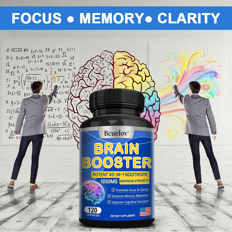 Bcuelov 40 in 1 Brain Supplement Capsules, Advanced Vitamins for Men and Women, Nootropic Support for Cognitive Function, Brain Health Formula