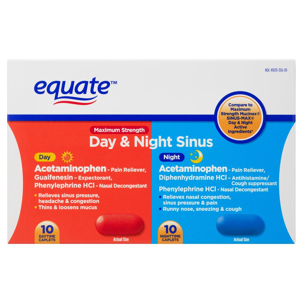 Equate Maximum Strength Day & Night Sinus Relief Caplets, 20 Count