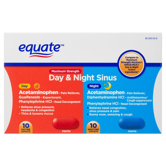 Equate Maximum Strength Day & Night Sinus Relief Caplets, 20 Count