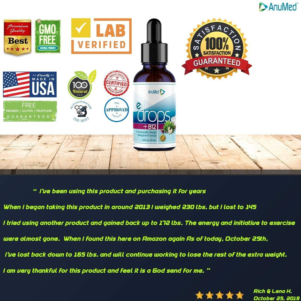 Anumed E-Drops+B12 Premium Fast Fat Burner Metabolism & Energy Booster Control Hunger Super Fast Transformation Healthy Weight Loss Drops All Natural Vegan & Keto Friendly for Women & Men 2Oz