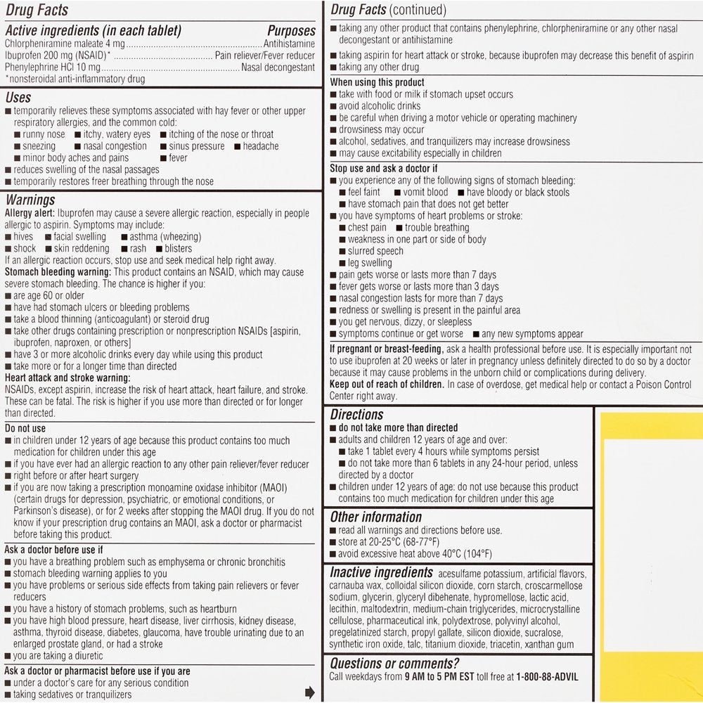 Advil Allergy and Congestion Relief Pain and Headache Reliever Ibuprofen, Coated Tablets, 50 Count