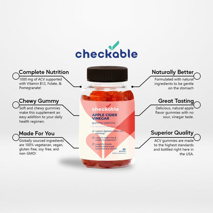 Checkable® Apple Cider Vinegar Gummies - Support for Weight Management, Digestion, Gut Health, Detoxing, and More - Vegan, Gluten-Free, Non-Gmo Formula - 120 Gummies