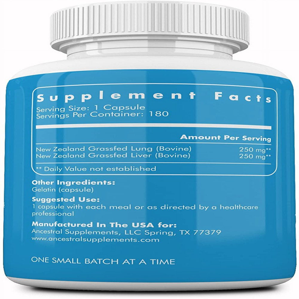 Ancestral Supplements Beef Lung (With Liver) - Supports Lung, Respiratory, Vascular, Circulatory Health (180 Capsules)