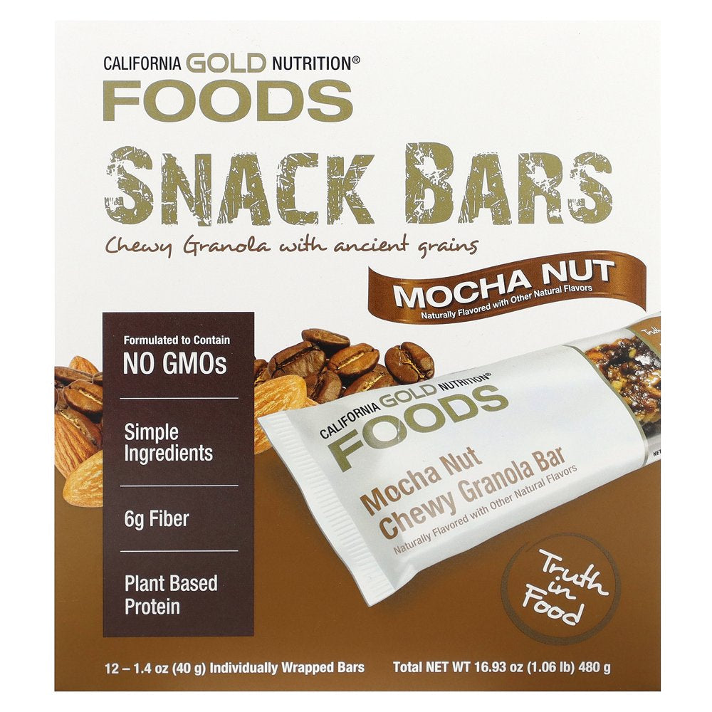 California Gold Nutrition FOODS - Mocha Nut Chewy Granola Bars, 12 Bars, 1.4 Oz (40 G) Each