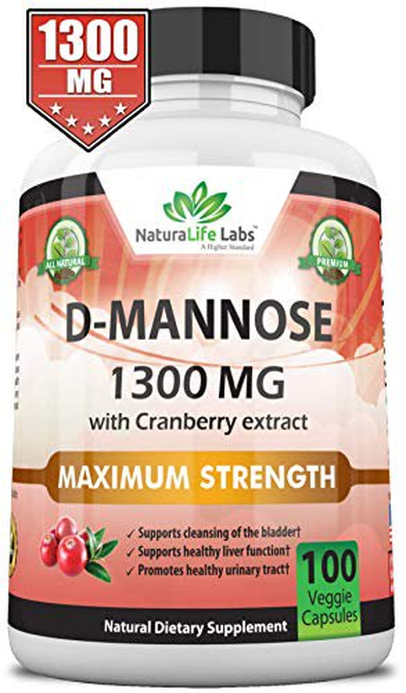 D-Mannose 1,300 Mg with Cranberry Extract Fast-Acting, Flush Impurities, Natural Urinary Tract Health- 100 Veggie Capsules