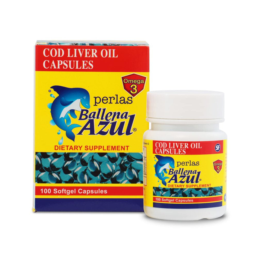 Ballena Azul Aceite De Hígado De Bacalao Para Adultos Y Niños, COD Liver Oil for Adults and Children, Good Source of Vitamins A,D,E, B1, Dietary Supplement, Omega 3, Inmune System Boost, (Capsules)