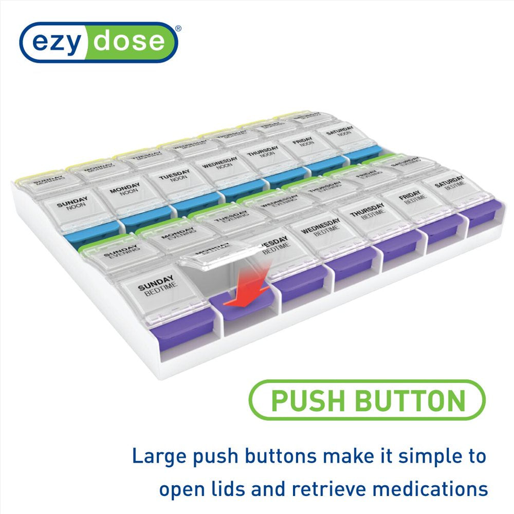 Ezy Dose Weekly (7-Day) Pill Organizer, 4 Times a Day Pill Planner, Push Button Compartments (2XL)