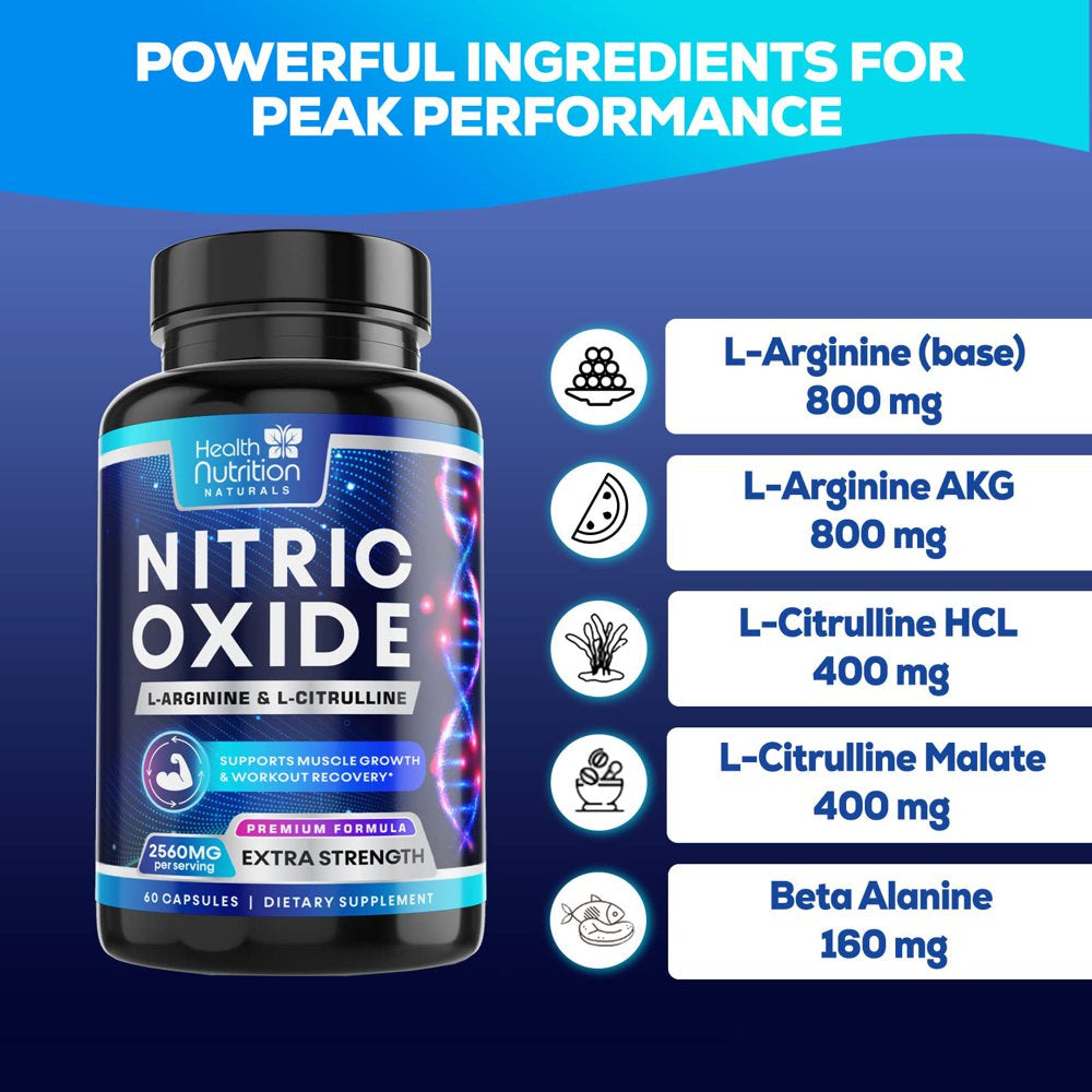 Extra Strength Nitric Oxide Supplement L Arginine 3X Strength - Citrulline Malate, AAKG, Beta Alanine - Premium Muscle Supporting Nitric Booster for Energy & Strength to Train Harder - 60 Capsules