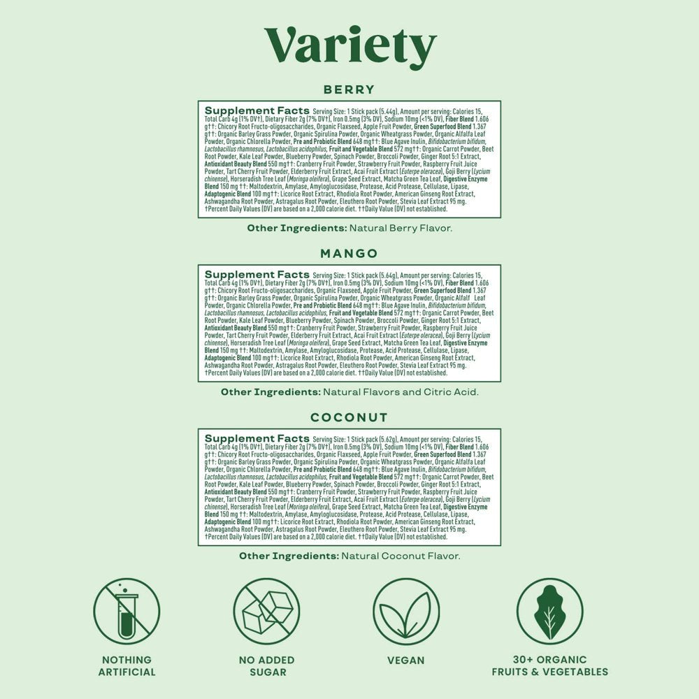 Bloom Nutrition Super Greens Powder Smoothie Mix, 15 Stick Packs - Probiotics for Digestive Health & Bloating Relief for Women, Digestive Enzymes with Organic Superfoods for Gut Health (Variety)