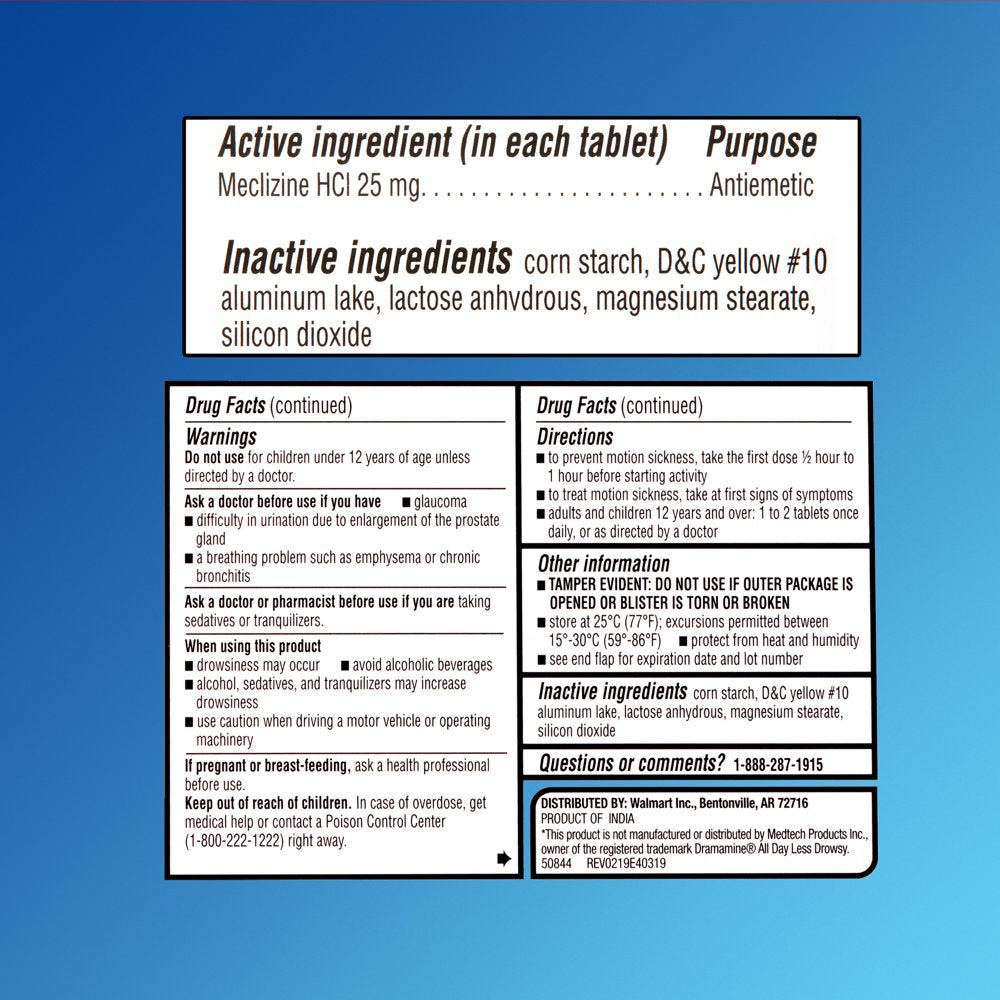Equate Less-Drowsy Formula Motion Sickness Relief Meclizine HCI Tablets, 25 Mg, 8 Count