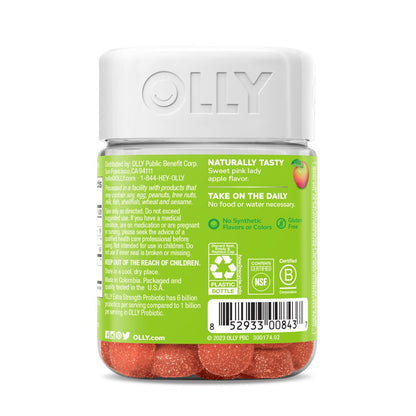 OLLY Extra Strength Probiotic Gummy, 6 Billion Cfus, 2 Strains, Supplement, Apple, 50 Ct