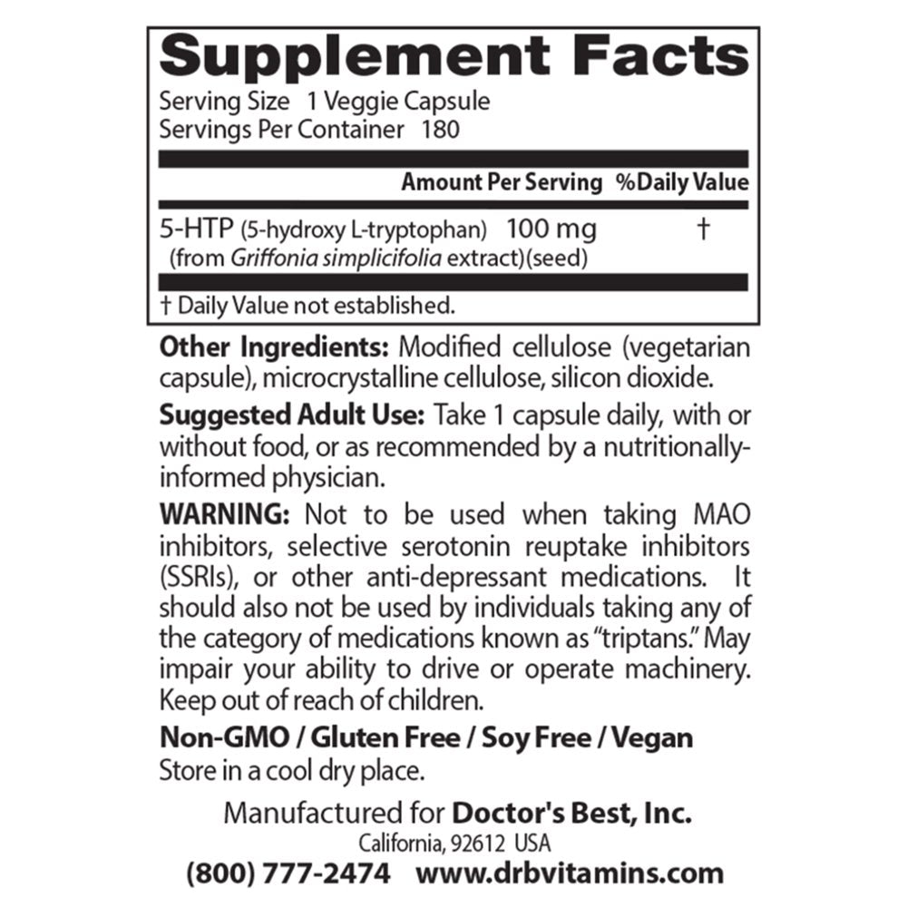 Doctor'S Best 5-HTP, Non-Gmo, Vegan, Gluten Free, Soy Free, 100 Mg, 180 Veggie Caps