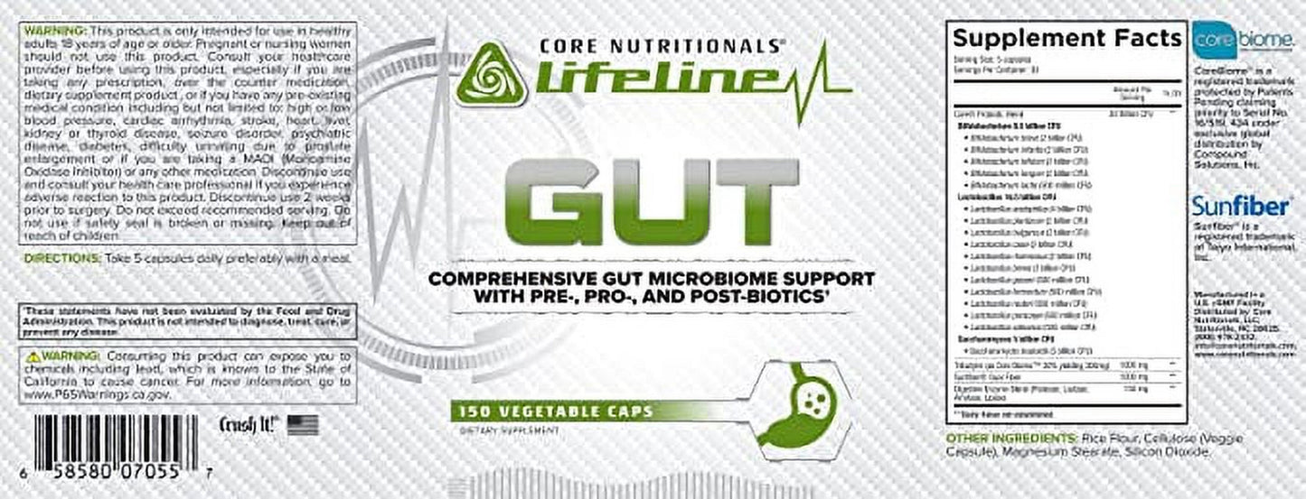 Core Nutritionals Lifeline Gut Comprehensive Gut Microbiome Support with Pre-, Pro-, and Post-Biotics, 150 Capsules