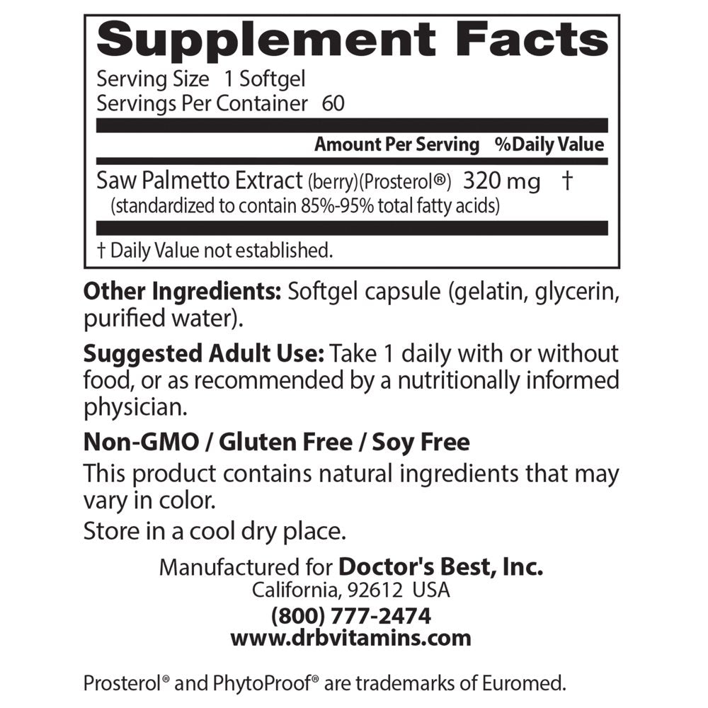 Doctor'S Best Saw Palmetto with Prosterol, Standardized Extract, 320 Mg, 60 Softgels