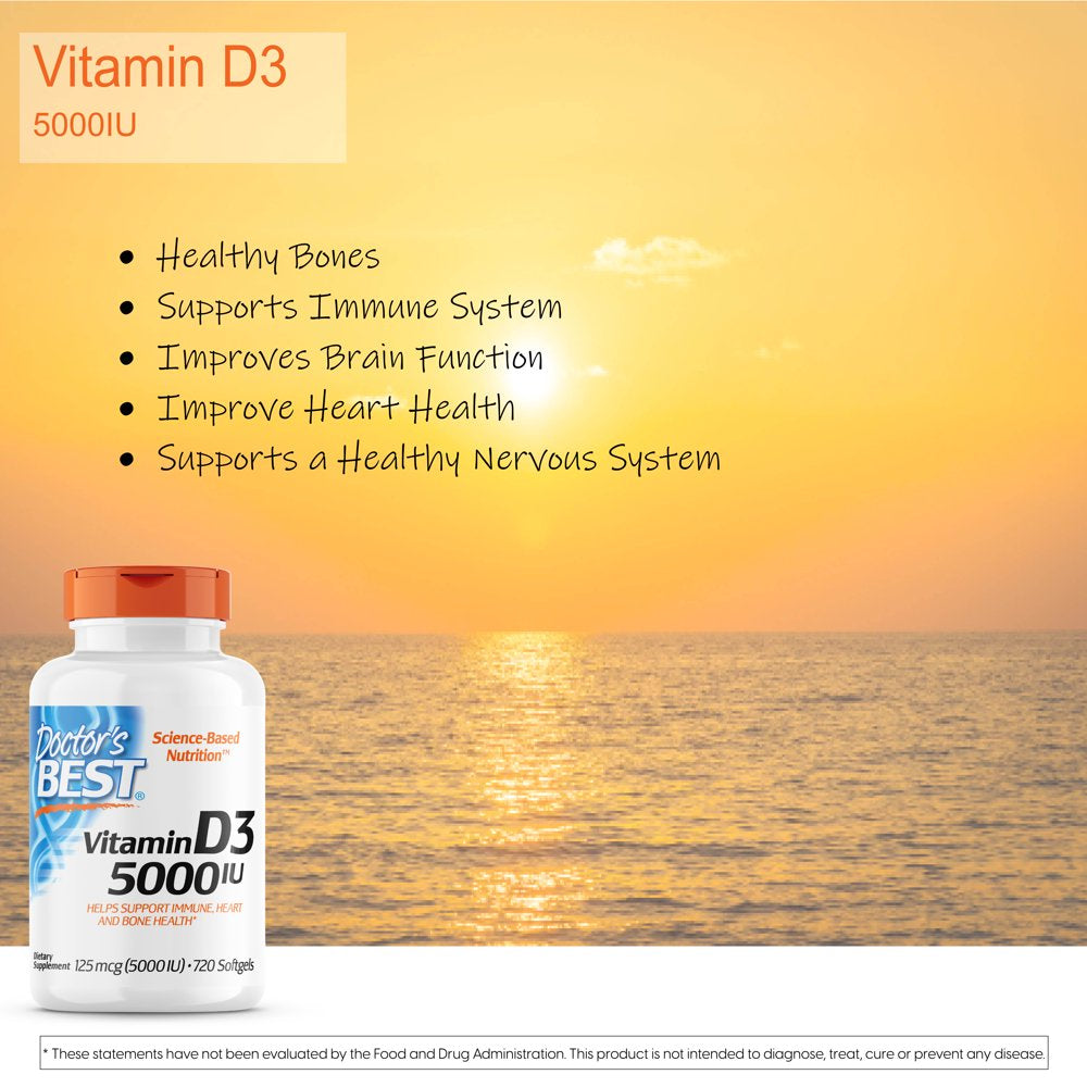 Doctor'S Best Vitamin D3 5000IU, Non-Gmo, Gluten Free, Soy Free, Regulates Immune Function, Supports Healthy Bones, 720 Softgels