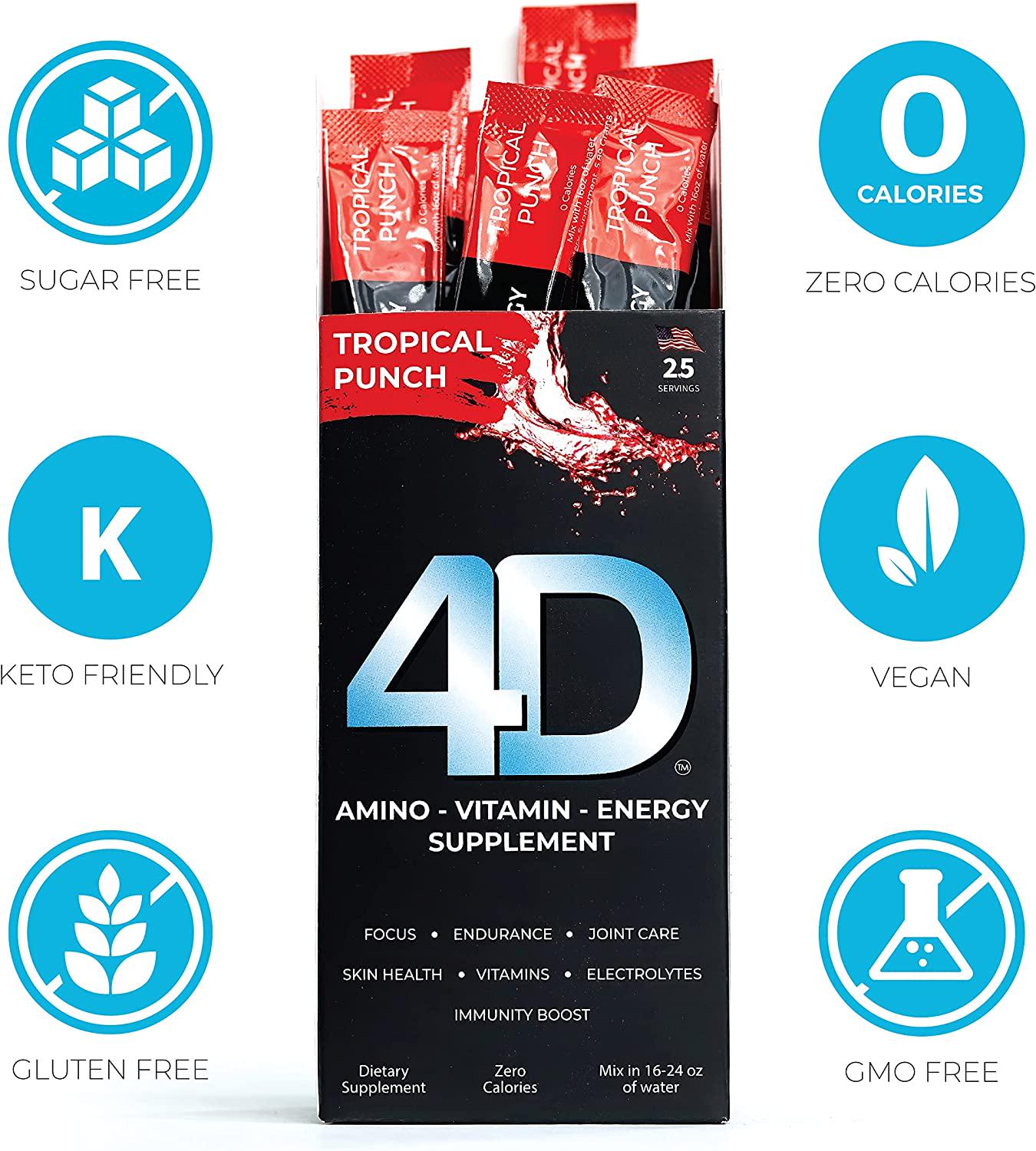 4D Clean Energy Drink Mix + Electrolytes + Immune Support + MultiVitamins + Joint and Skin Support (Tropical Punch Flavor, 25 Pack)