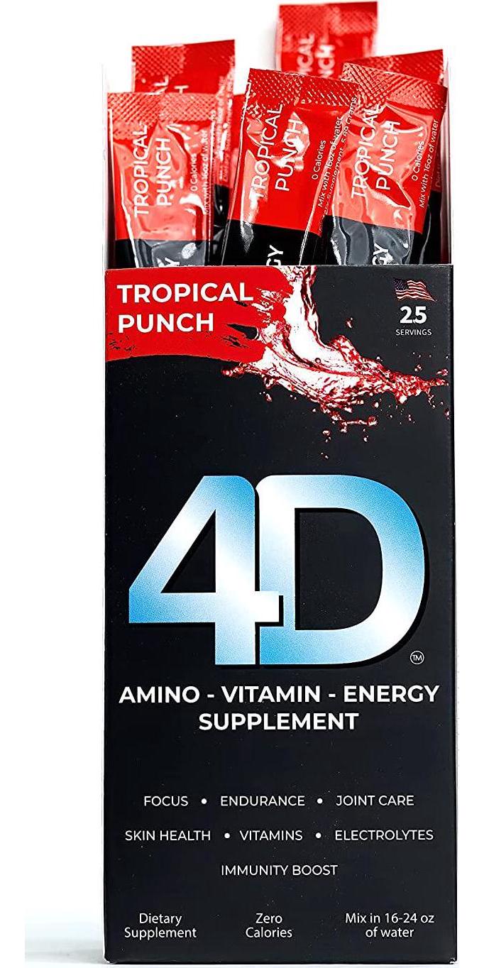 4D Clean Energy Drink Mix + Electrolytes + Immune Support + MultiVitamins + Joint and Skin Support (Tropical Punch Flavor, 25 Pack)
