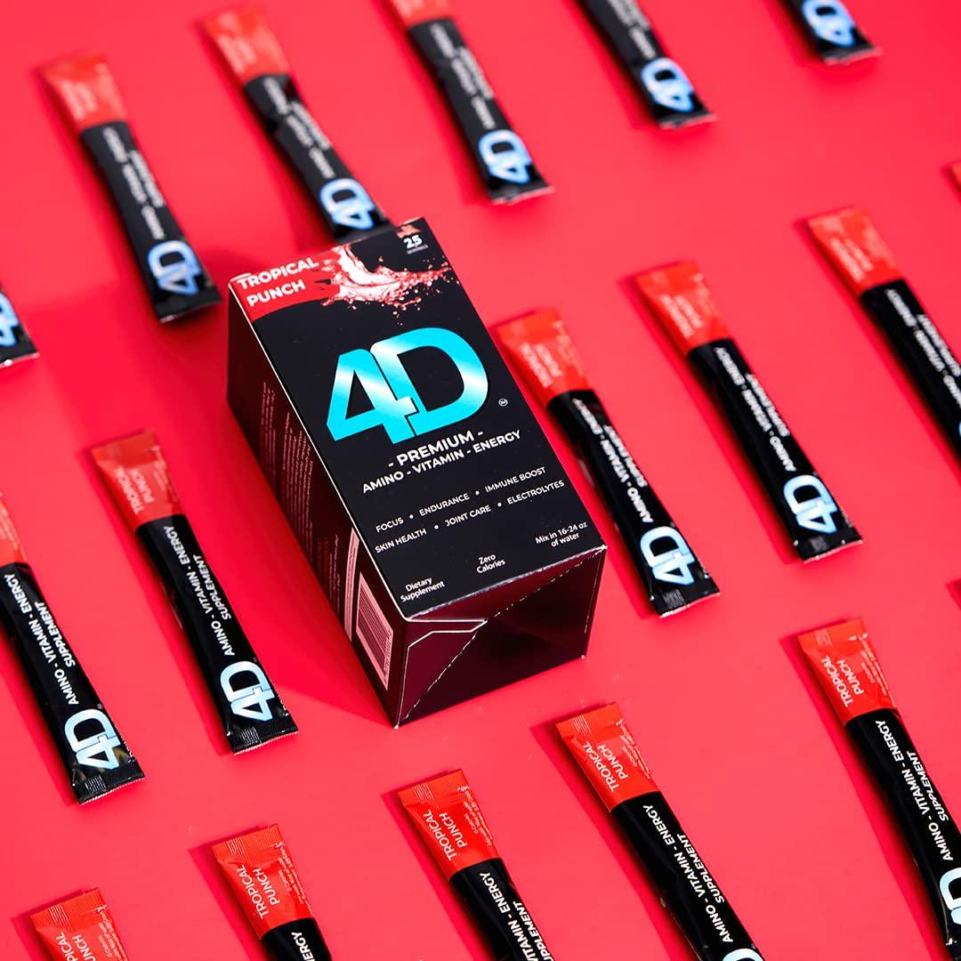 4D Clean Energy Drink Mix + Electrolytes + Immune Support + MultiVitamins + Joint and Skin Support (Tropical Punch Flavor, 25 Pack)