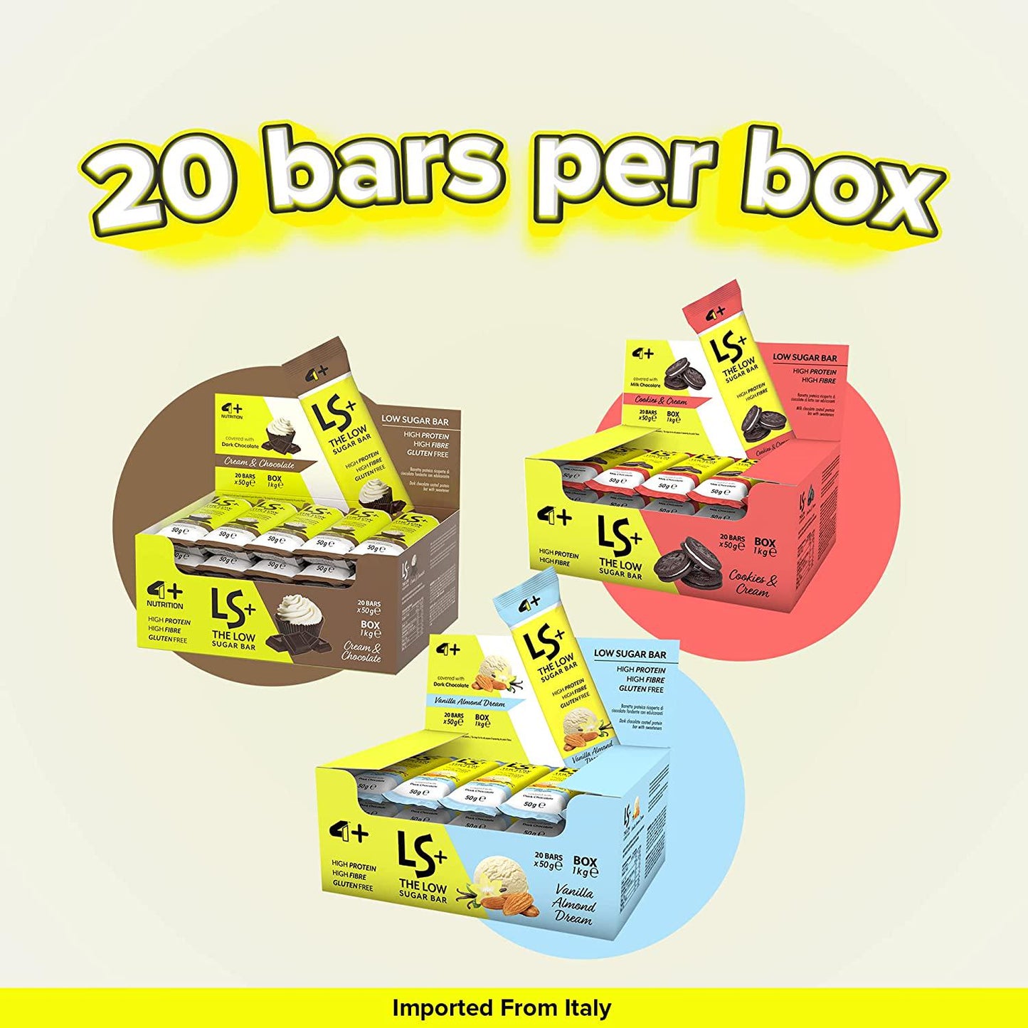 4+ Nutrition LS+ Protein Bars, 20 pack low sugar, energy bars and low calories and Gluten-free meal replacement bar, high nutrition protein snacks from Italy | Pack of 20 (Pistacchio)