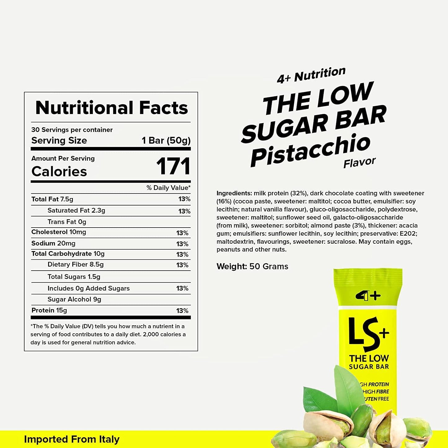 4+ Nutrition LS+ Protein Bars, 20 pack low sugar, energy bars and low calories and Gluten-free meal replacement bar, high nutrition protein snacks from Italy | Pack of 20 (Pistacchio)