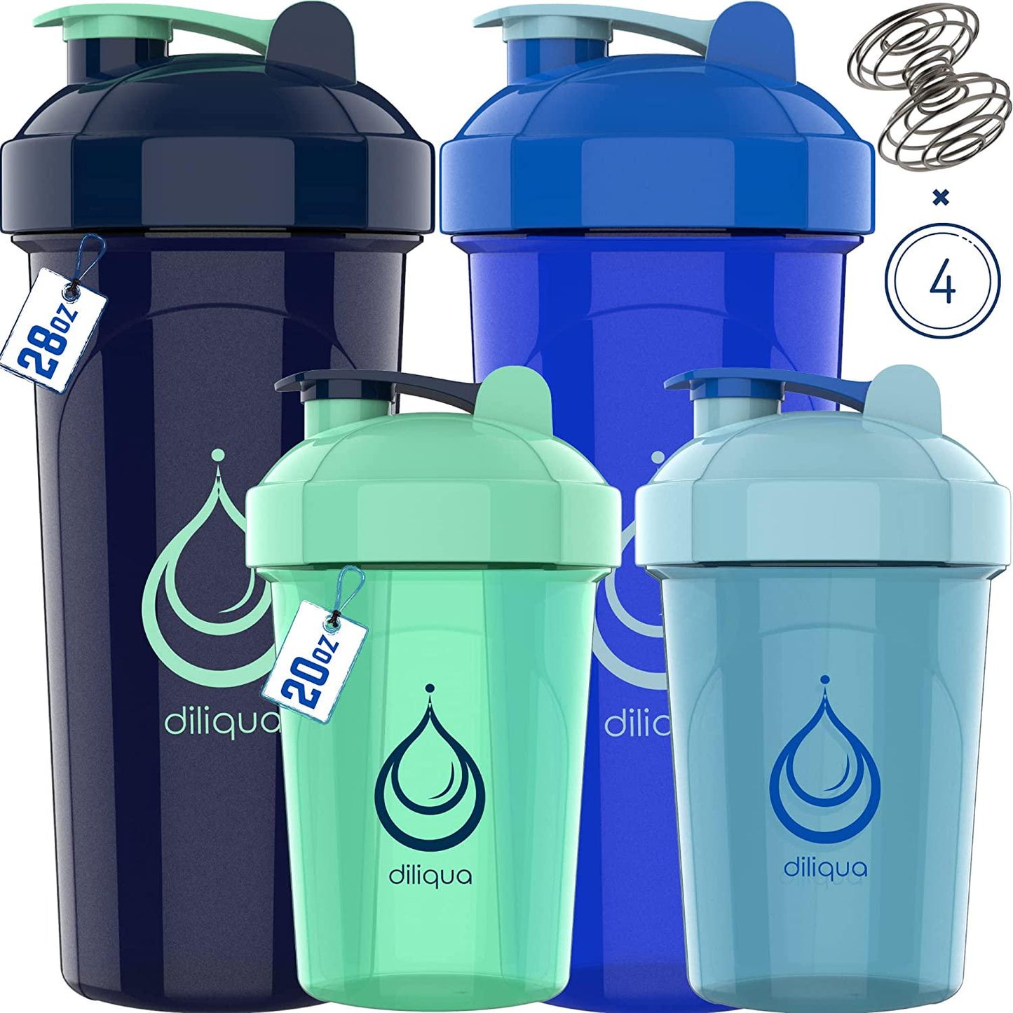 [4 PACK] Protein Shaker Bottles for Protein Mixes | 2 Small 20 oz and 2 Large 28 oz Shaker Cups for Protein Shakes | Dual Mixing BPA Free Blender Shaker Bottle Pack by Diliqua