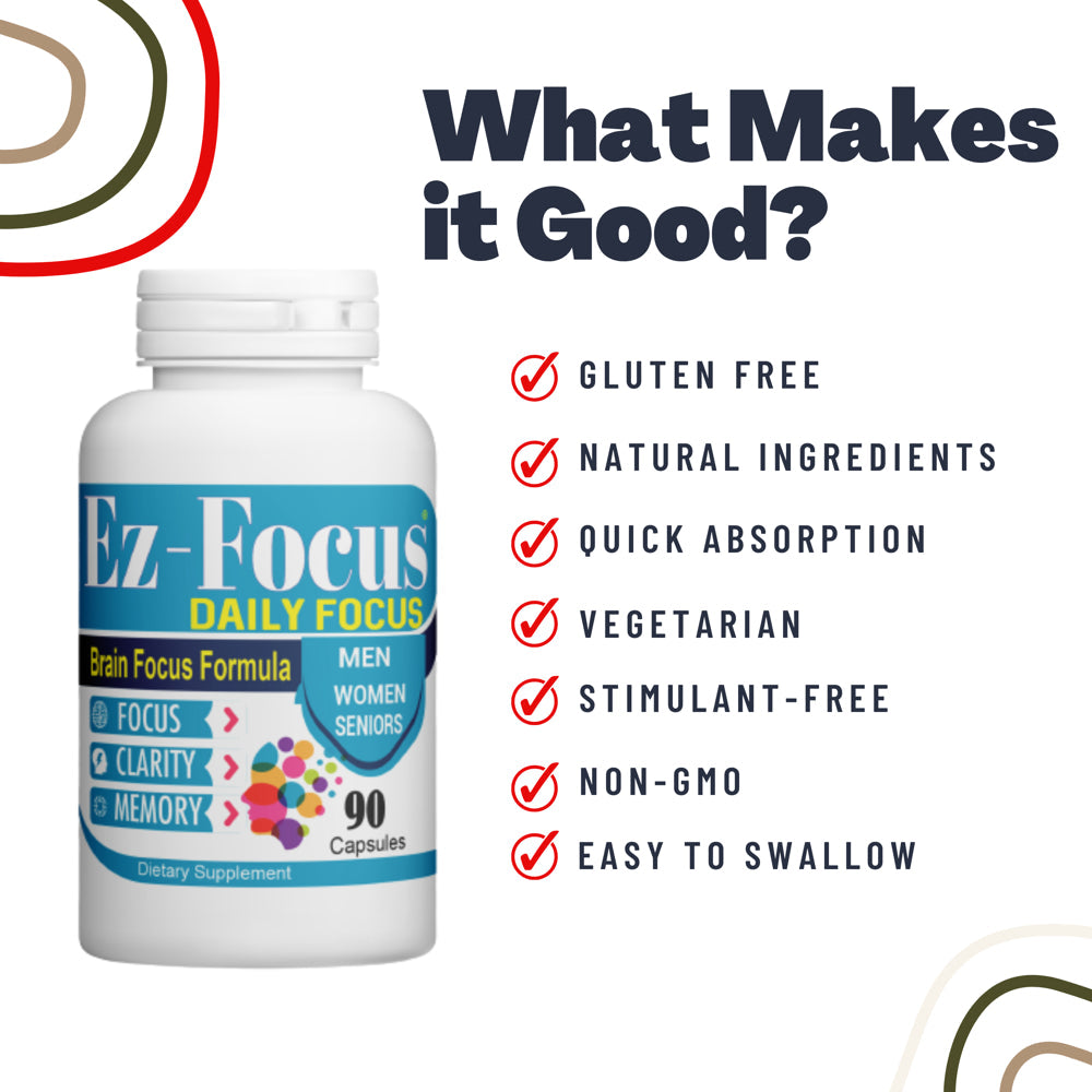 Ez-Focus Daily Focus Brain Booster Supplements for Adults, Men, Women & Seniors- Memory Supplement for Brain Focus & Clarity, Brain Vitamins Elevate Brain Function - 90 Brain Health Capsules