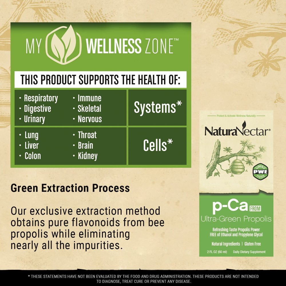 Naturanectar P-Ca from Liquid Green Bee Propolis, Drops - Nootropic Brain Supplement - Focus, Memory & Immune Support- Ultra Pure Flavonoids, Premium Brazilian Green Propolis, Caffeine Free, 60 Ml.