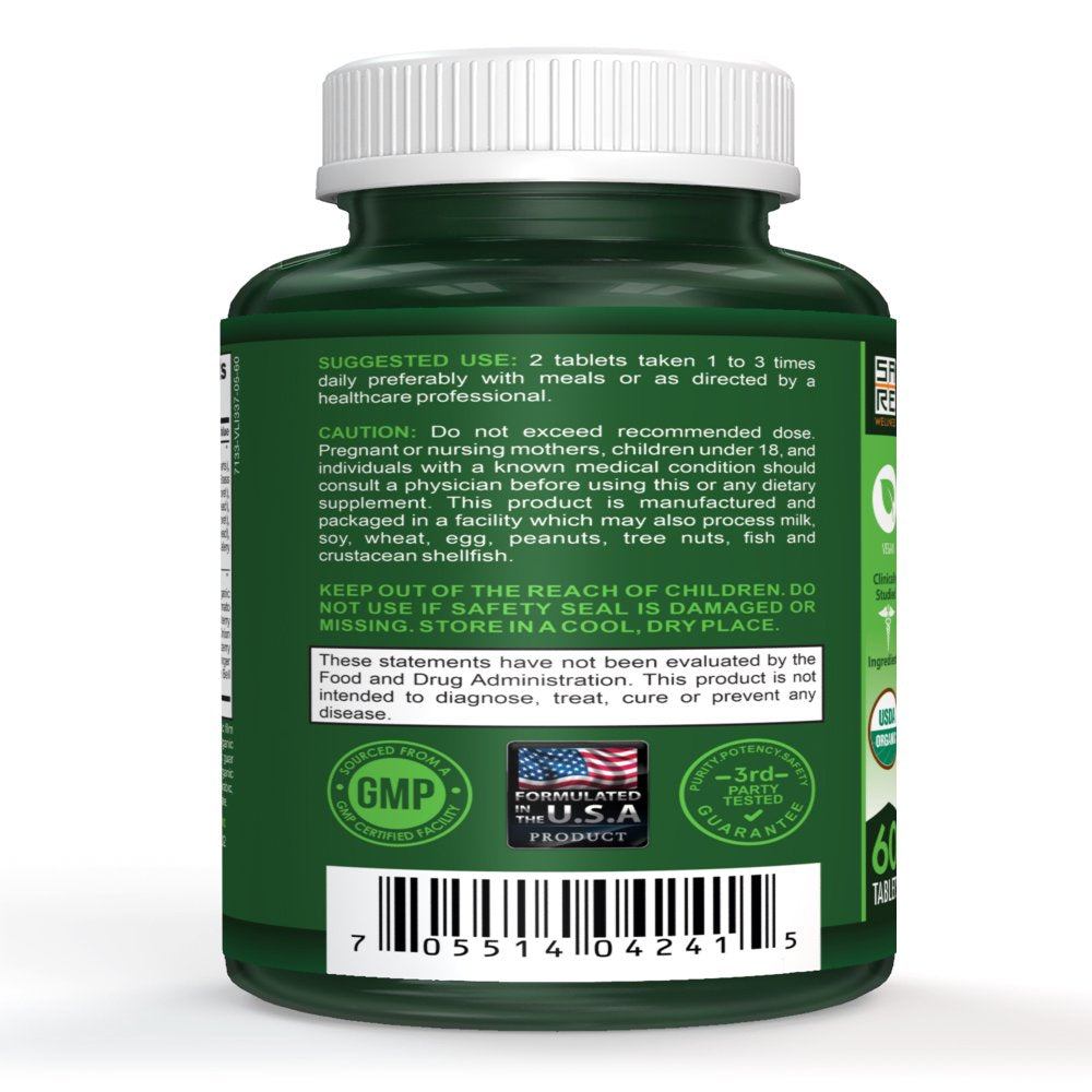 CLINICAL DAILY Raw Power Greens Organic USDA Tablets - Start Dissolving Fast for Absorption. Your Super Greens Powder Organic Superfood in Convenient Fruits and Veggies Supplement Pills. Vegan 60 Ct