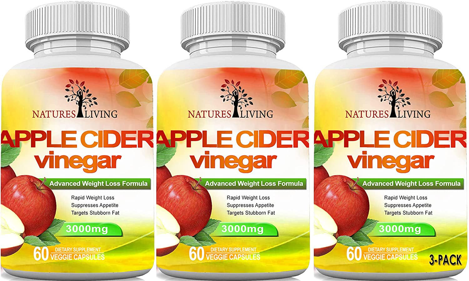 Apple Cider Vinegar 3000Mg Extra Strength (180 Capsules) for Weight Loss & Cleanse (Pack of 3) by Natures Living