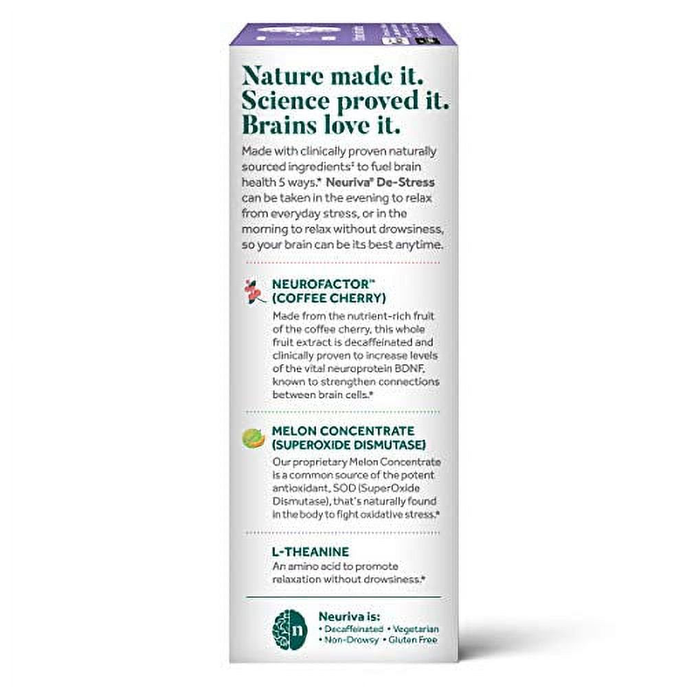 Neuriva De-Stress Brain Health Supplement (30 Count), Brain Support with Clinically Proven Naturally Sourced Ingredients (Decaffeinated Coffee Cherry & Melon Concentrate), 2 Pack
