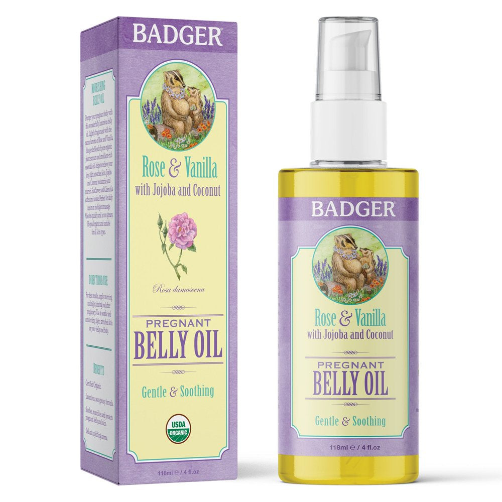 Badger Pregnant Belly Oil W/ Rose & Vanilla 4 Fl. Oz Glass Bottle