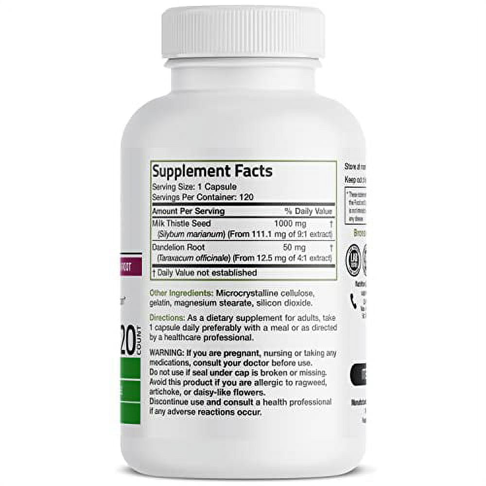 Bronson Milk Thistle 1000Mg Silymarin Marianum & Dandelion Root Liver Health Support, Antioxidant Support, Detox, 120 Capsules
