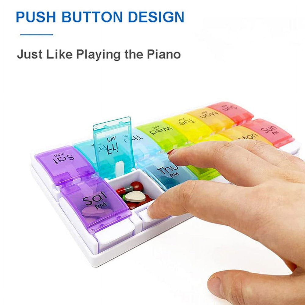 AM/PM Weekly 7 Day Pill Organizer Large Daily Pill Cases Box with Easy Push Button Design for Pills Vitamin Fish Oil Supplements Organizers,Colorful