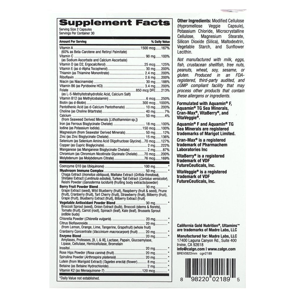 California Gold Nutrition Ultamins Women'S Multivitamin with Coq10, Mushrooms, Enzymes, Veggies & Berries, 60 Veggie Capsules