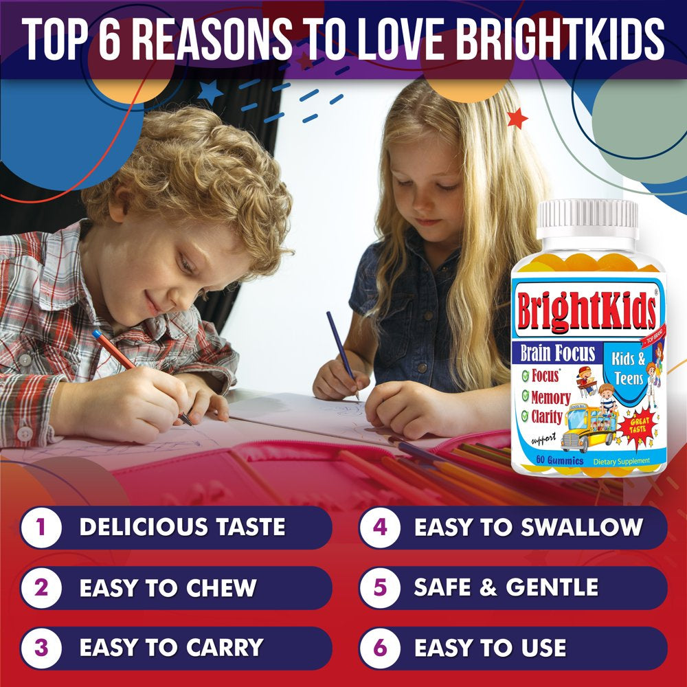 Brightkids Brain Focus Supplement for Kids, Focus for Kids, Brain Focus Gummies for Children, Memory Supplements Lemon & Orange Flavored 60 Gummies
