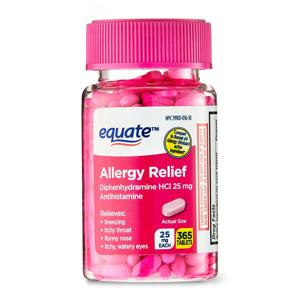Equate Allergy Relief Tablets with Diphenhydramine Hcl 25Mg Antihistamine, 365 Count
