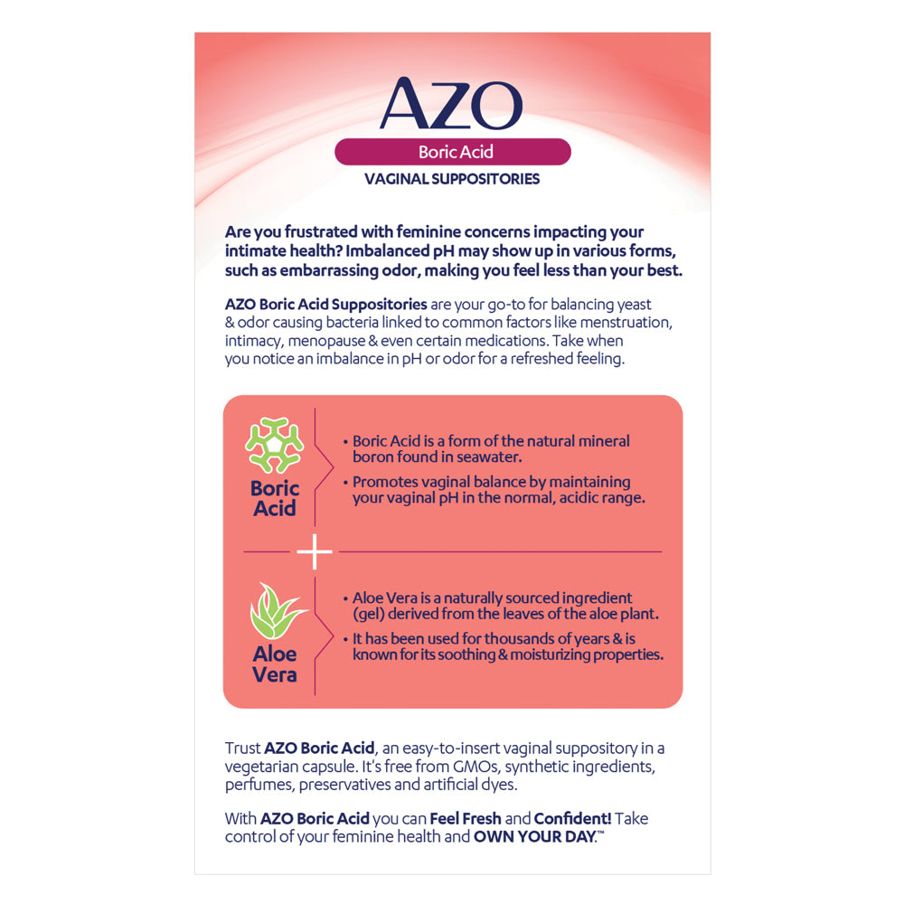 AZO Boric Acid Vaginal Suppositories, Supports Odor Control and Balance Vaginal PH with Boric Acid, Non-Gmo, 30 Count