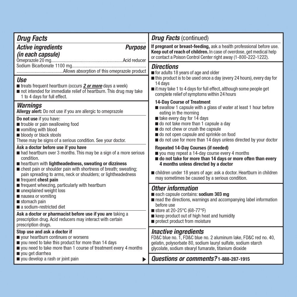 Equate Omeprazole and Sodium Bicarbonate Capsules, 20 Mg/1100 Mg, Acid Reducer, 42 Count