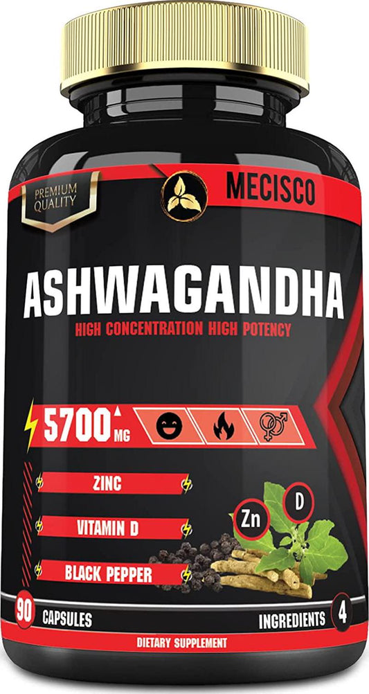4in1 Organic Ashwagandha with Zinc, VitaminD and Black Pepper Equivalent 5700 mg Powder - Thyroid, Test, Immune Support - 90 Capsules - 3 Month Supply