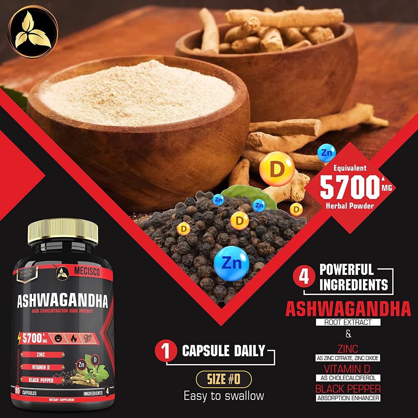 4in1 Organic Ashwagandha with Zinc, VitaminD and Black Pepper Equivalent 5700 mg Powder - Thyroid, Test, Immune Support - 90 Capsules - 3 Month Supply