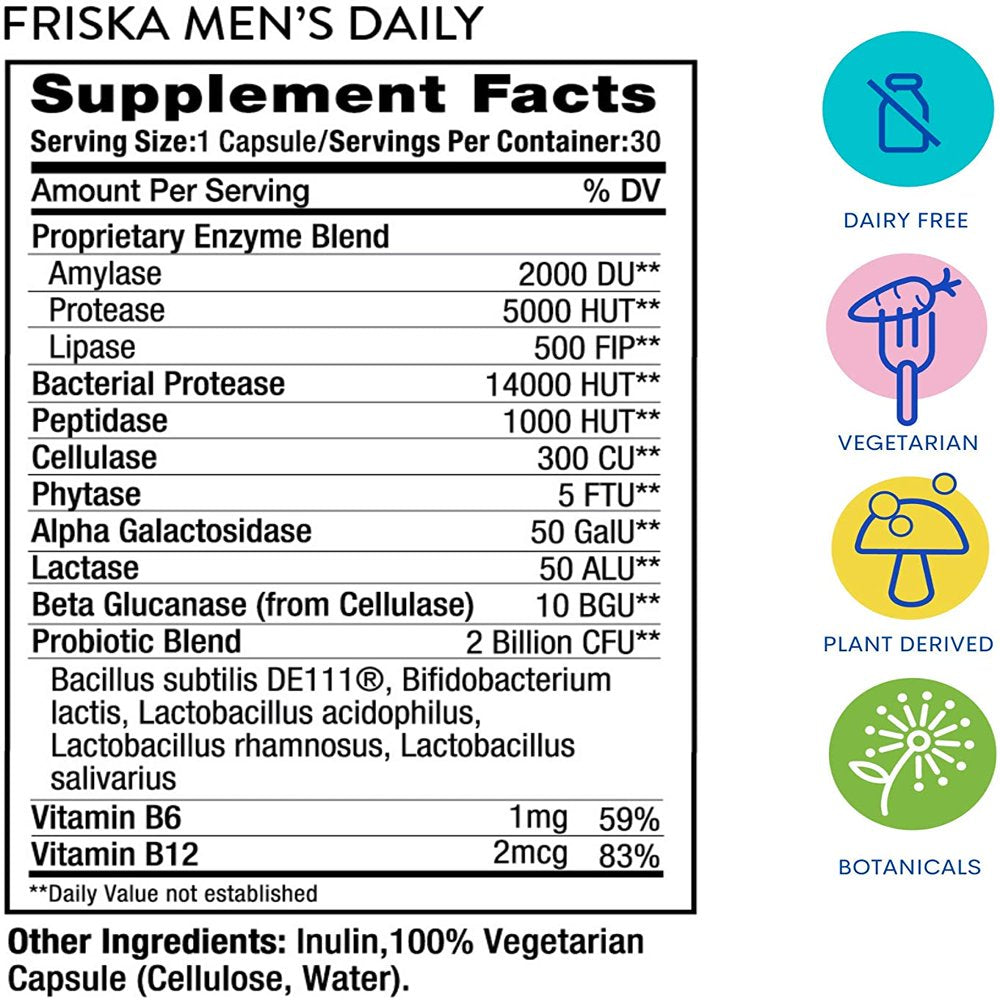 FRISKA Mens Daily, Digestive Enzyme and Probiotics Supplement, Lactase and B-Vitamins for Natural Digestion and Daily Male Health, 30 Capsules