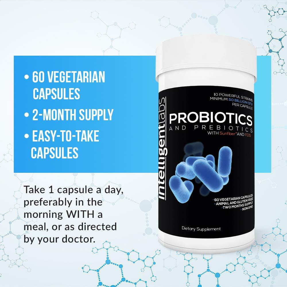 50 Billion CFU Probiotic with Prebiotics, No Refrigeration Needed, with Prebiotics, Sunfiber and Fos, for 10x More Effectiveness, 2 Months Supply Per Bottle