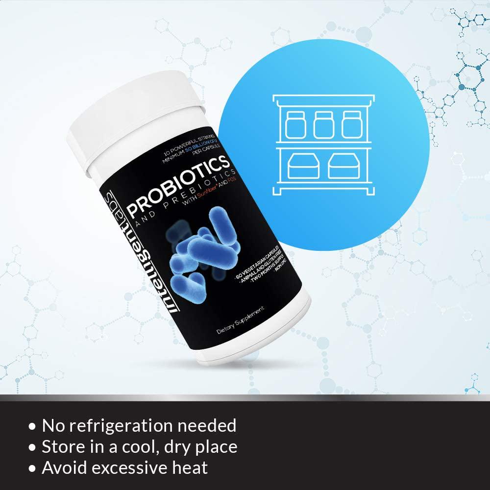 50 Billion CFU Probiotic with Prebiotics, No Refrigeration Needed, with Prebiotics, Sunfiber and Fos, for 10x More Effectiveness, 2 Months Supply Per Bottle
