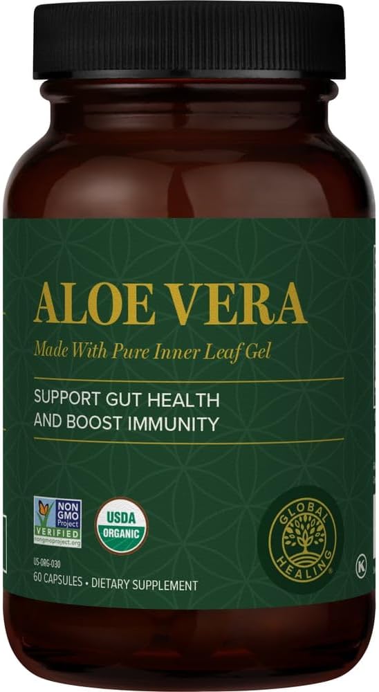 Global Healing Aloe Fuzion Bio-Active Organic Aloe Vera Leaf Supplement - 200x Concentrate Formula with Highest Concentration of Acemannan - Aloin-Free - Gut Health and Immune Support - 60 Capsules
