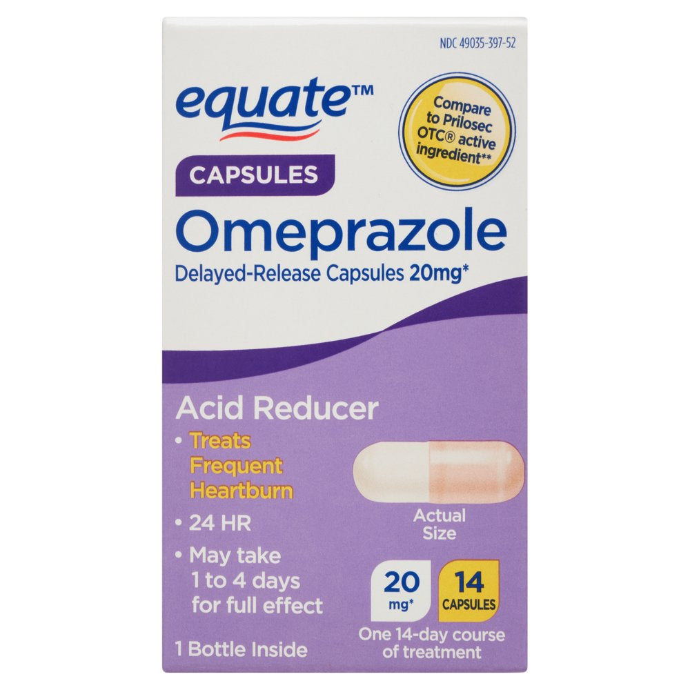 Equate Omeprazole Delayed-Release Acid Reducer Capsules 20Mg, 14 Count