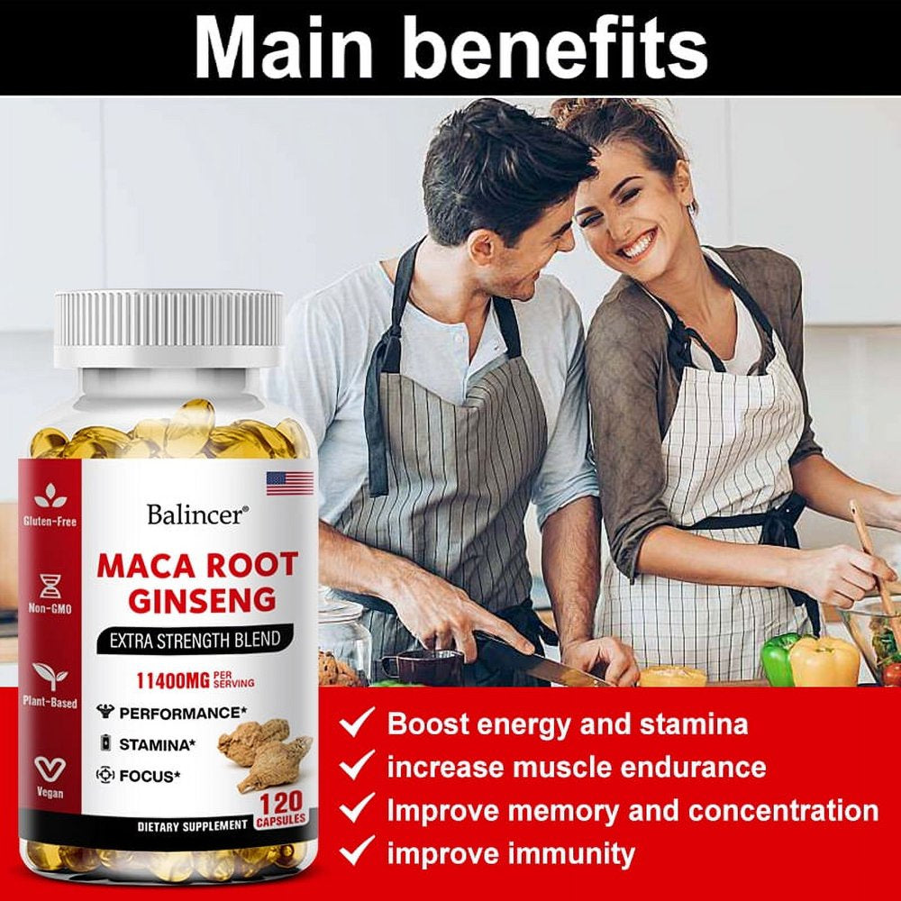 Bcuelov - Maca Root Capsules 10,000 Mg + Korean Ginseng 1,400 Mg - Black + Red + Yellow Maca Root, 10X Concentrated Extract Ginseng Capsules - Ultra Potency and High Purity