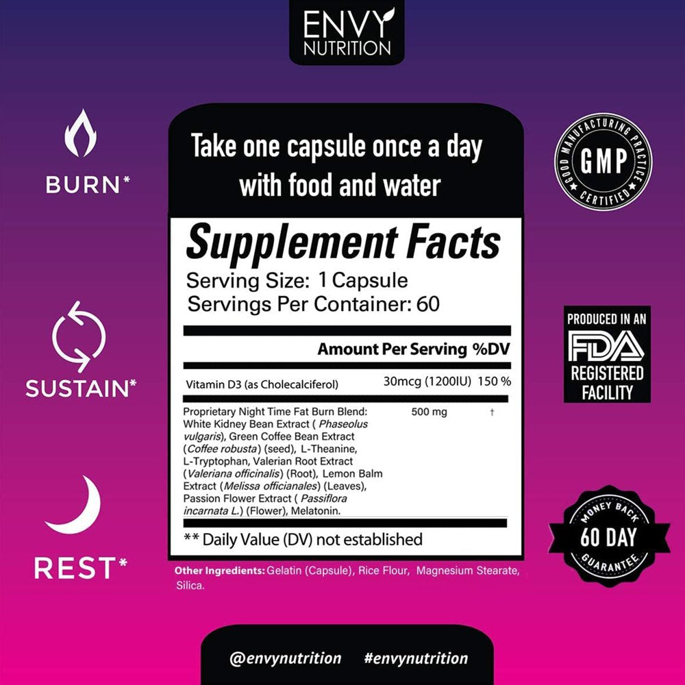 Envy Nutrition Night Time Fat Burner Weight Loss Supplement, 60 Capsules