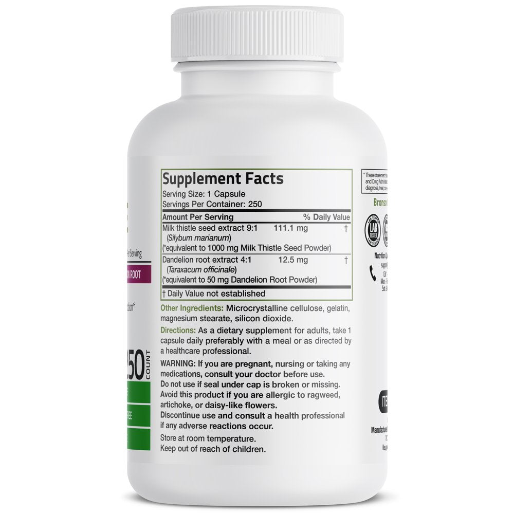 Bronson Milk Thistle 1000Mg (Silymarin Marianum) with Dandelion Root High Potency Liver Health Support, 250 Capsules