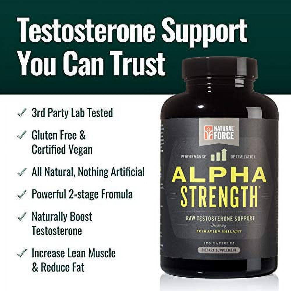 All Natural Testosterone Booster Alpha Strength, *Aggressive Test Supplement for Men*, Best for Muscle Growth and Strength, with Fulvic Minerals from Shilajit Extract by Natural Force, 120Ct